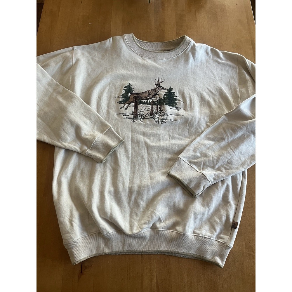 Outdoor Life Men's Crewneck Hunting Fishing Embroidered Deer Buck Sz XXL Beige
